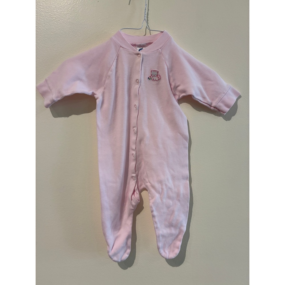 Gerber Vintage Newborn Pink Cotton Footed Sleep and Play Cat Embroidery